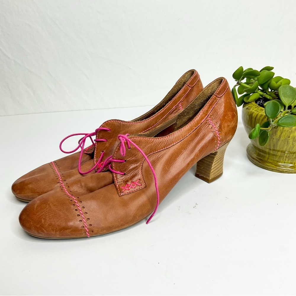 MARIPE Brown Leather Lace-Up Heels Pink Stitching Size 39.5 | Italian